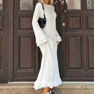 White Elegant Women's Long Sleeve Crew Neck Flare Cuff Sweater Dress
